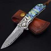 Damascus Steel Folding Pocket Knife with Abalone Handle