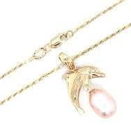 14kt Yellow gold Wyland Dolphine 8mm pink pearl diamond eye pendant on rope chain