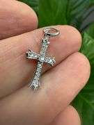 Rhodium Plated 925 Sterling Silver Moissanite Encrusted Fleur-De-Lis Cross