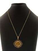 British Gold Sovereign Coin in Emerald and Ruby Frame Pendant Necklace in 18K and 22K