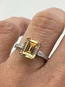 925 Sterling Silver Emerald Cut Peach Morganite With Crystal pave Accent Ring