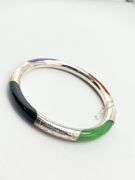 925 Sterling Silver Kwan Collection Hinged Bangle With Multi Color Jade Detail