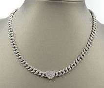 925 Sterling silver Cuban chain cubic zirconia necklace with heart shaped pendant
