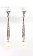 14kt White gold Vintage style Milgrain pearl and diamond accent dangle earrings