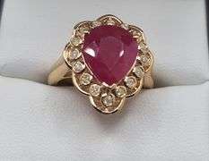 Very fine one Ruby 4.54 CW ring in silver 14k gold plated with diamond accent
