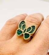 925 Sterling Silver Gold Tone Green Malachite Butterfly Ring