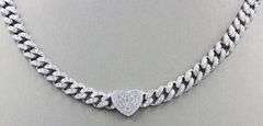 925 Sterling silver Cuban chain cubic zirconia necklace with heart shaped pendant