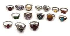Group lot of 15 vintage 925 sterling silver gemstone rings