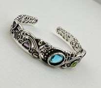 925 Sterling Silver Filigree Design Multi Volor Gemstone Cuff Bracelet