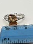 925 Sterling Silver Emerald Cut Peach Morganite With Crystal pave Accent Ring