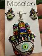 Original Handmade Mosaico Hamsa Earrings & Pendant 925 Sterling Silver Mexico Artistic Jewelry
