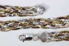 Sterling Silver Tri Colored Braided Herringbone Necklace 10mm 925 Italy Chain 20"