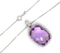 14kt White gold Elongated cushion cut amethyst and diamond halo pendant on chain