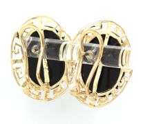 14kt Yellow gold black onyx oval earrings with Greek key halo