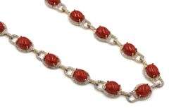 Fantastic 101.44CTW Oval Cabochon-Cut Coral & 7.00CTW Diamond Necklace in 14K Yellow Gold Over Sterl