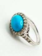 925 Sterling Silver Oval Turquoise With CZ Halo Ring