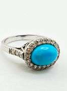 925 Sterling Silver Oval Turquoise With CZ Halo Ring