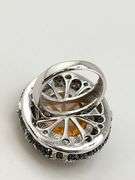 925 Sterling Silver Large Oval Amber Color Stone With Halo And Intricate Black and White Crystal Pav