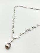 14KT White Gold U Shaped Link Chain Accented With Diamond and Tahitian Pearl Drop Necklace