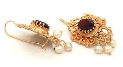 14kt Yellow gold Reproduction Victorian oval garnet and pearl drop earrings