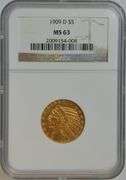 Super Choice BU and lovely 1909-D $5 Indian Gold Piece. NGC MS63