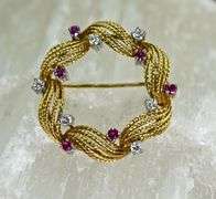 Pretty Estate 18K Ruby & Diamond Circle Brooch