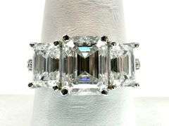 14 Kt White Gold Plate 5.25 Ctw 3 Stone Emerald Cut Ice White Fire Moissanite Ring