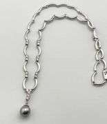 14KT White Gold U Shaped Link Chain Accented With Diamond and Tahitian Pearl Drop Necklace