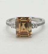 925 Sterling Silver Emerald Cut Peach Morganite With Crystal pave Accent Ring