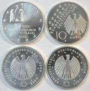 4 Diff. Gem Prooflike German 10 Euro SILVER coins 2002 to 2005