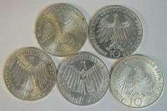 5 Assorted 1972 Germany Olympic SILVER 10 Marks
