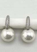 925 Sterling Silver White Pearl And CZ Huggie Hoop Drop Earrings