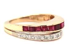 14kt Yellow gold square ruby and diamond 2 row dome ring