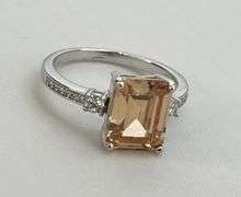 925 Sterling Silver Emerald Cut Peach Morganite With Crystal pave Accent Ring