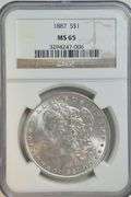 Solid bright-white Gem BU 1887 Morgan Silver Dollar. NGC MS65