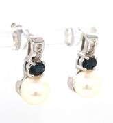 14kt White gold 6.5mm pearl, sapphire and diamond accent earrings