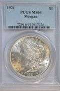 Frosty-white near Gem BU 1921 Morgan Silver Dollar. PCGS MS64