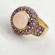 14KT Yellow Gold Cabochon Rose Quartz Center Stone Surrounded By Amethyst Halo Ring