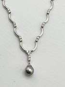 14KT White Gold U Shaped Link Chain Accented With Diamond and Tahitian Pearl Drop Necklace