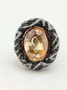 925 Sterling Silver Large Oval Amber Color Stone With Halo And Intricate Black and White Crystal Pav