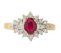 0.60ct Oval Ruby and 0.35ctw Baguette Round Diamond Starburst Frame Ring in 14K