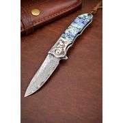 Damascus Steel Folding Pocket Knife with Abalone Handle