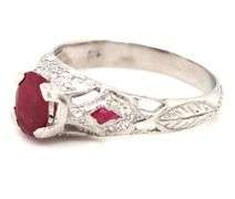 10kt White gold oval ruby and diamond vintage style ring