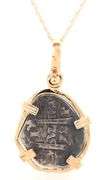Reproduction Atosha Sunken Treasure coin with gold bezel pendant on chain