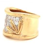 18kt Yellow gold 1.27ctw diamond wide wave ring with leaf motif