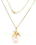 14kt Yellow gold Wyland Dolphine 8mm pink pearl diamond eye pendant on rope chain