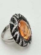 925 Sterling Silver Large Oval Amber Color Stone With Halo And Intricate Black and White Crystal Pav