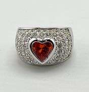 925 Sterling Silver Heart Shape Mandarin Garnet Surrounding With Full CZ Ring.