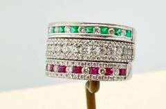 14KT White Gold Attached Eternity Band Set In Ruby, Emerald And Diamond Ring