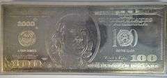 Special $100 Bill 4 Troy Oz facsimile bar in pure .999 fine silver